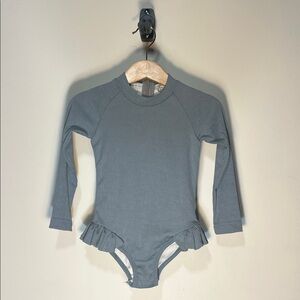 Girls Gray Blue Long Sleeve Swimsuit with Ruffle Detail